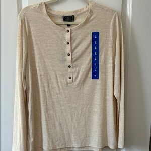 Waffle-Knit Beige Long Sleeve Textured Henley